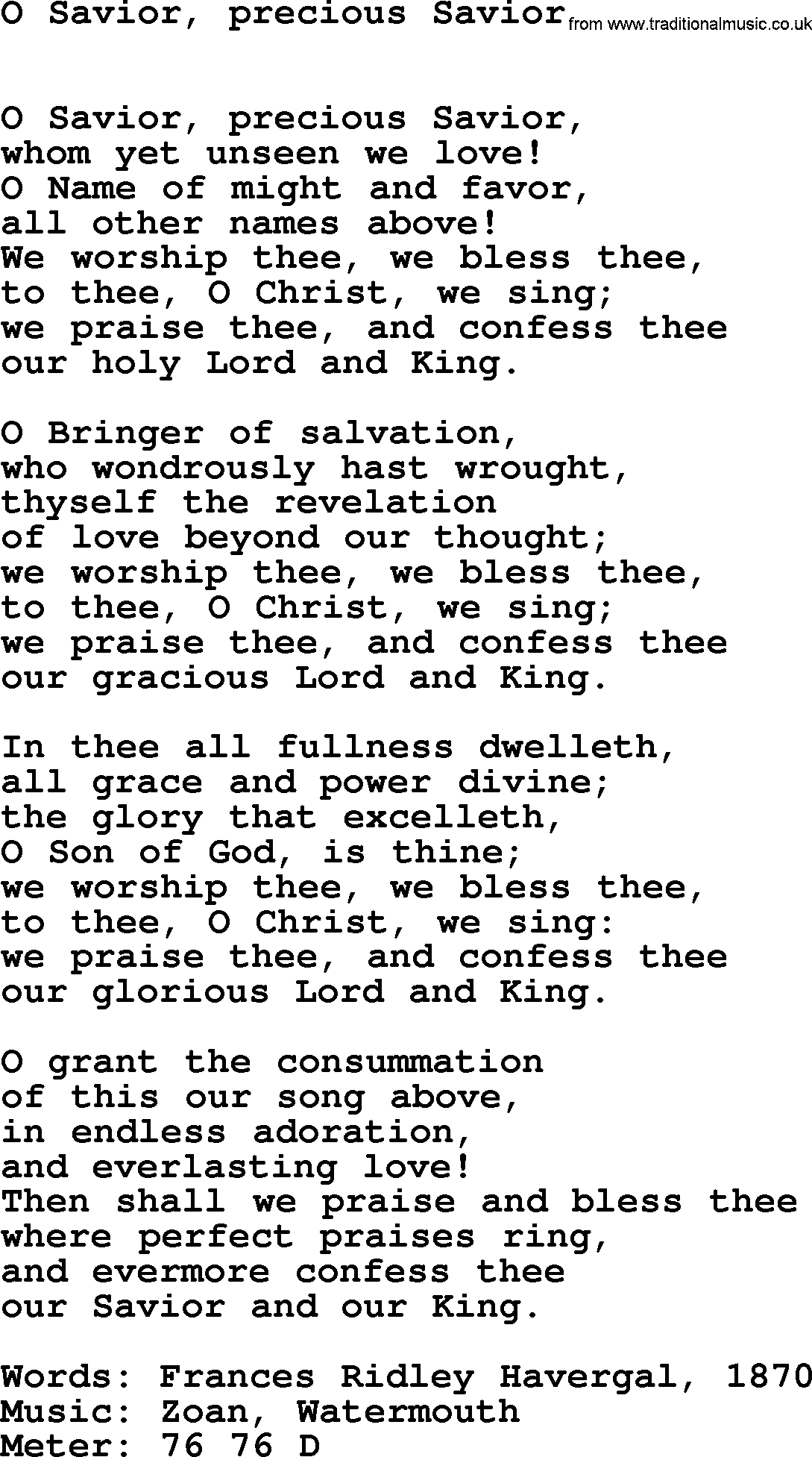 Book of Common Praise Hymn: O Savior, Precious Savior.txt lyrics with midi music