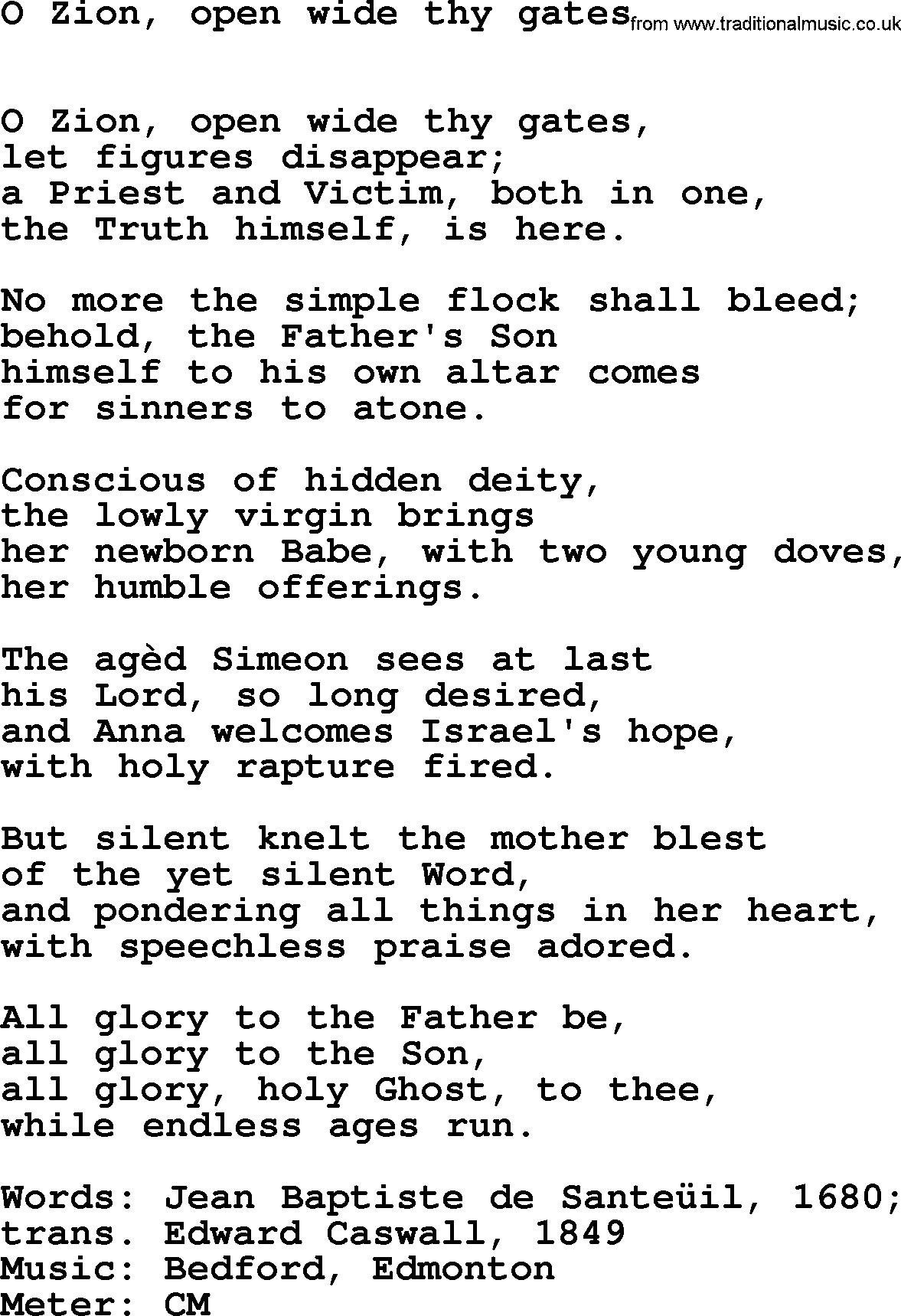 Book of Common Praise Hymn: O Zion, Open Wide Thy Gates.txt lyrics with midi music