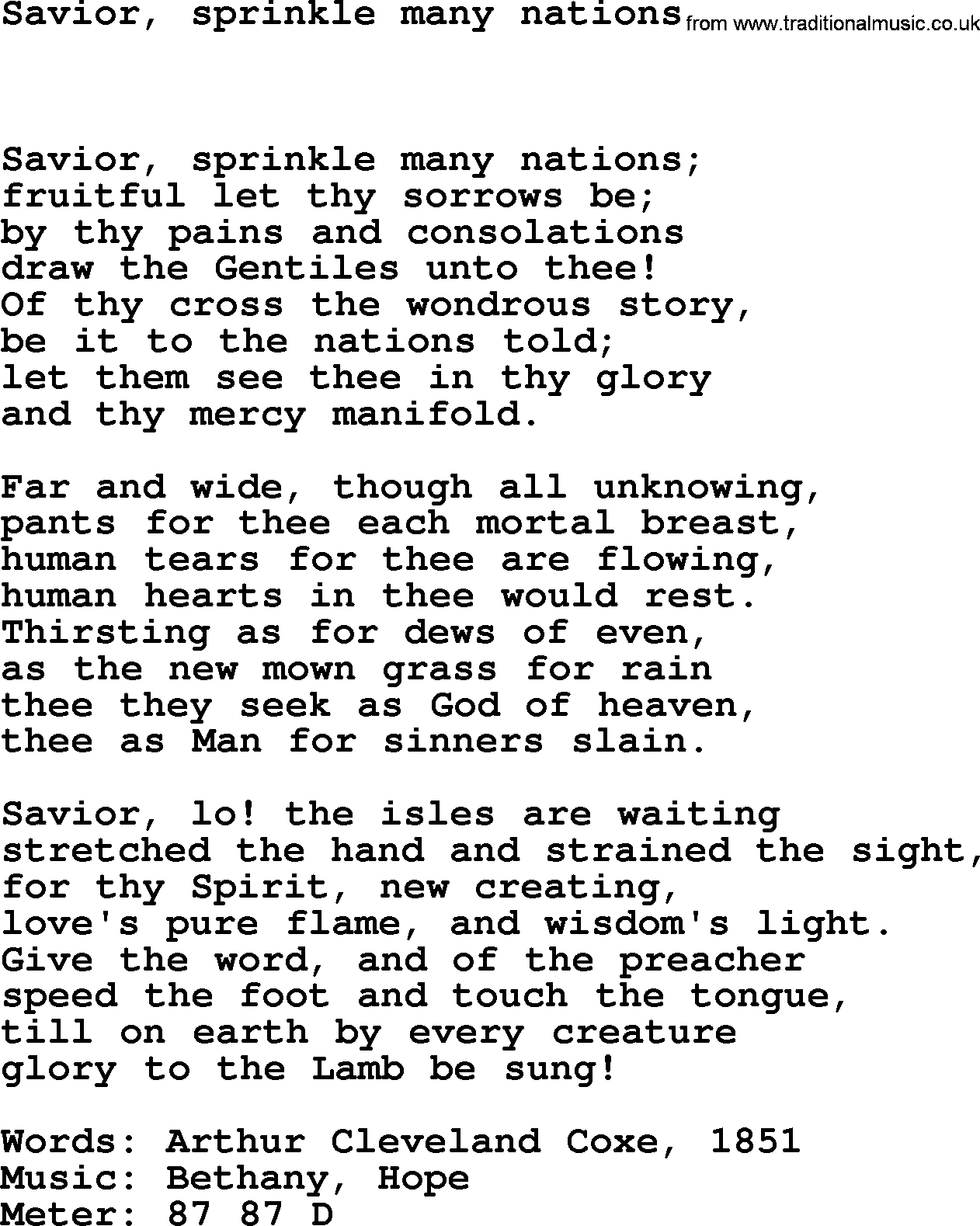 Book of Common Praise Hymn: Savior, Sprinkle Many Nations.txt lyrics with midi music