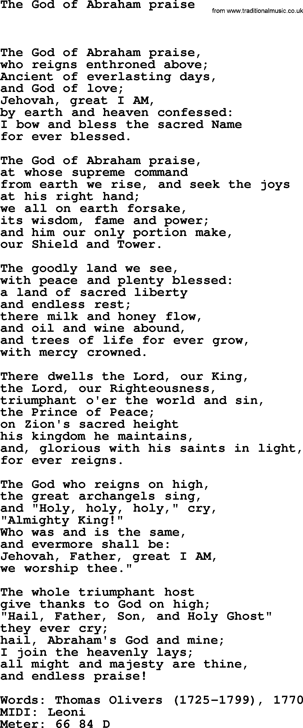 Book of Common Praise Hymn: The God Of Abraham Praise.txt lyrics with midi music