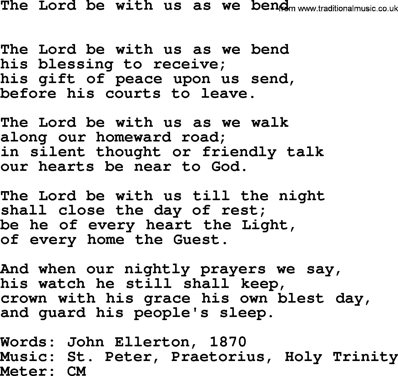 Book of Common Praise Hymn: The Lord Be With Us As We Bend.txt lyrics with midi music