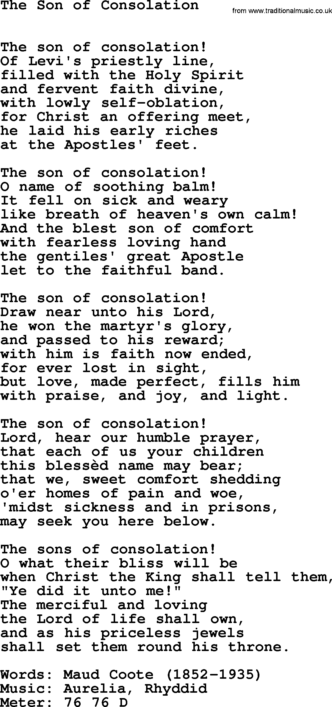 Book of Common Praise Hymn: The Son Of Consolation.txt lyrics with midi music