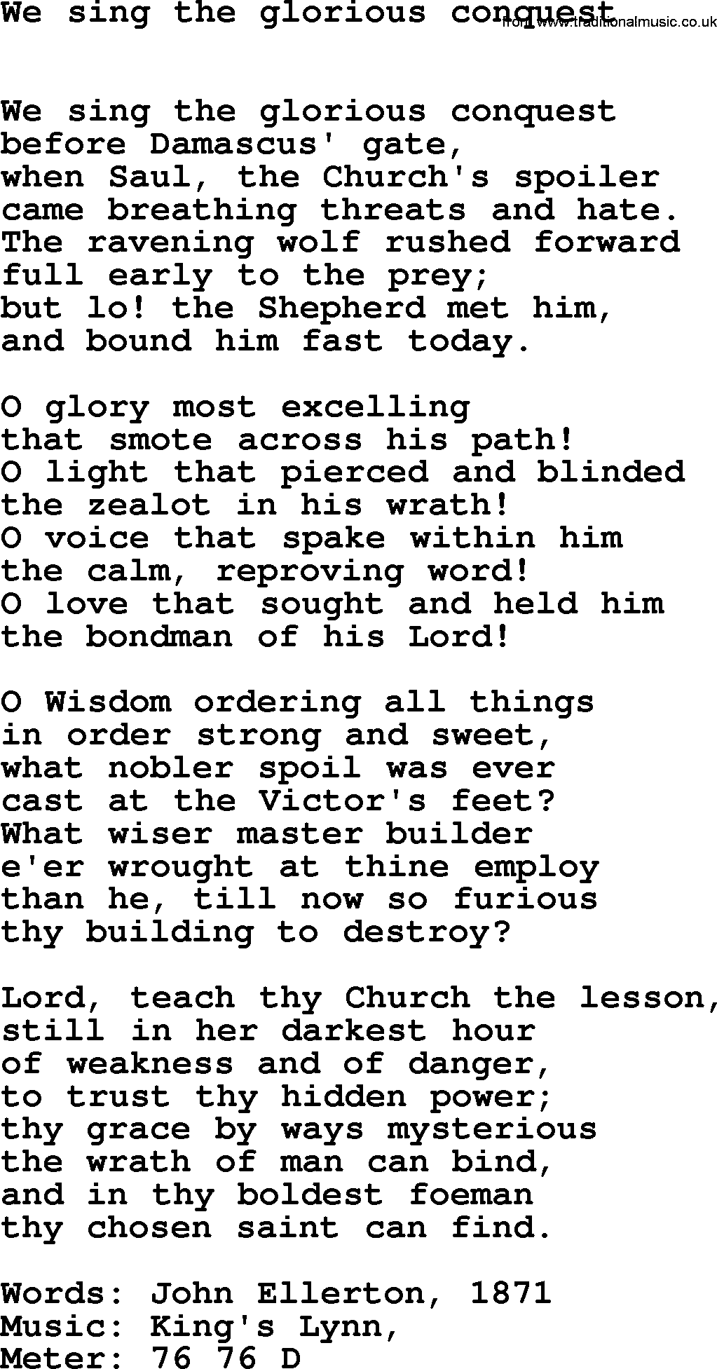 Book of Common Praise Hymn: We Sing The Glorious Conquest.txt lyrics with midi music