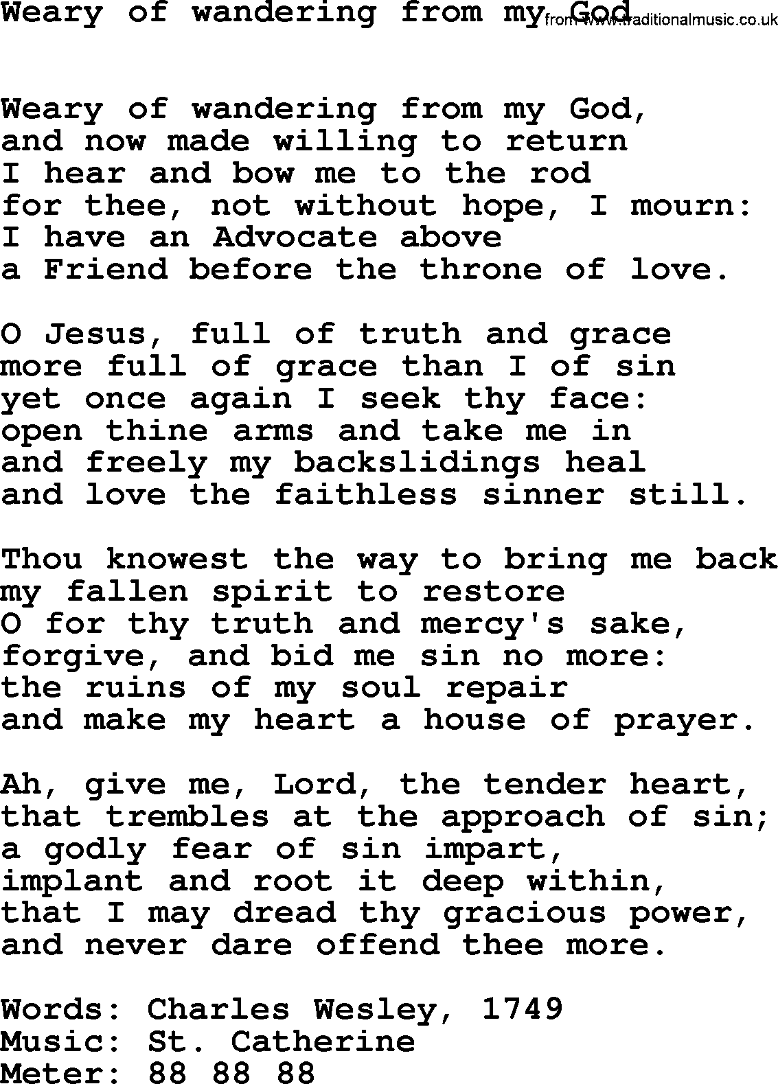 Book of Common Praise Hymn: Weary Of Wandering From My God.txt lyrics with midi music
