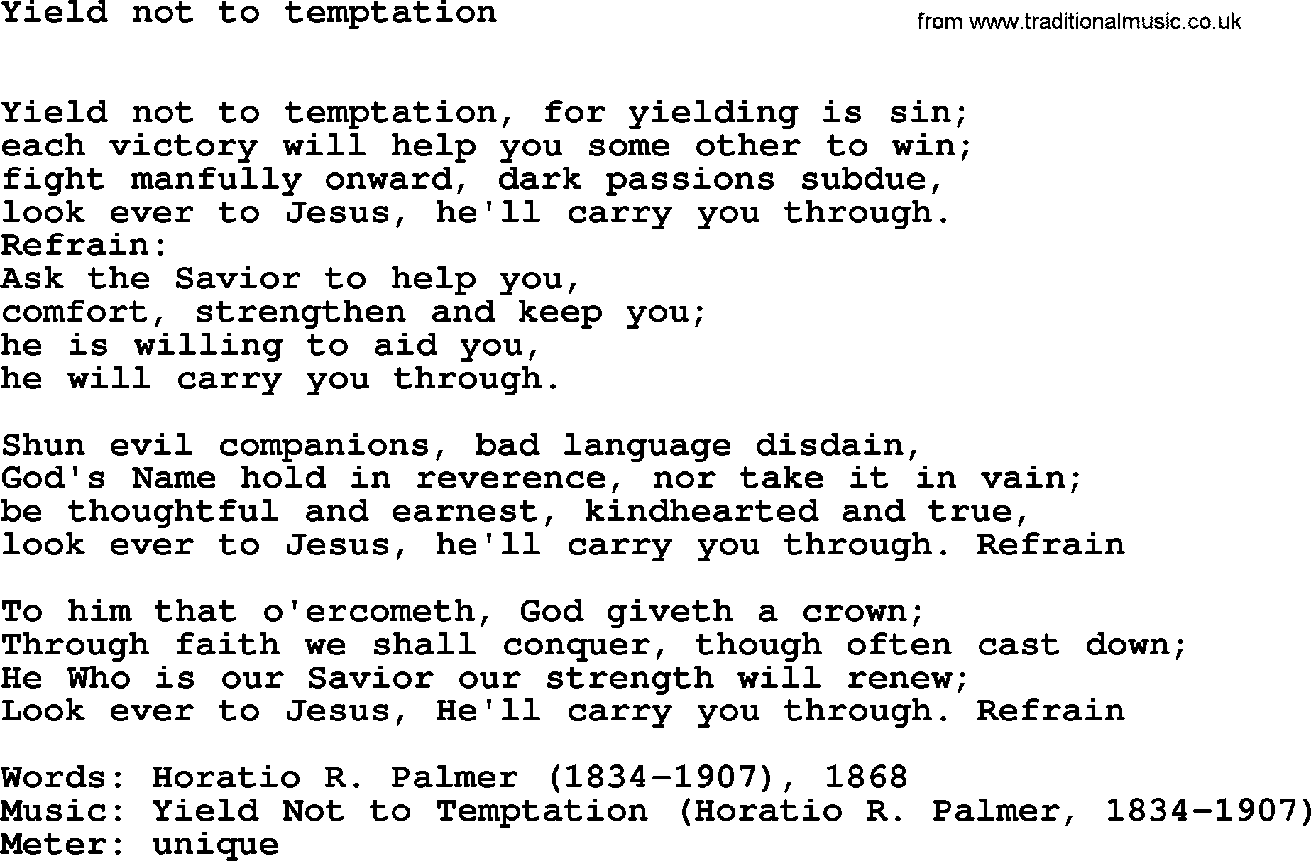 Book of Common Praise Hymn: Yield Not To Temptation.txt lyrics with midi music