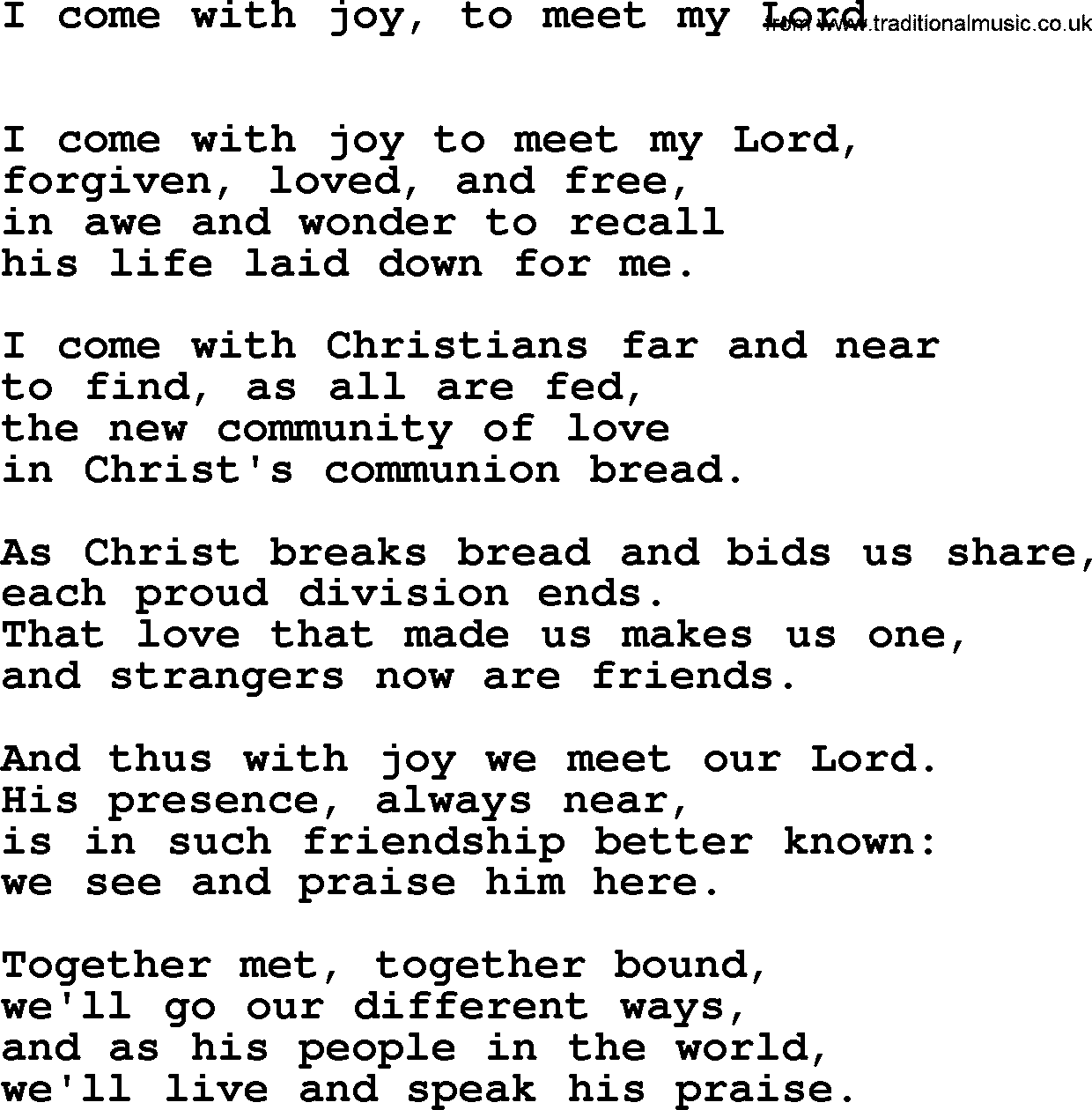 Christian hymns and song lyrics for Communion(The Eucharist): I Come With Joy, To Meet My Lord, lyrics with PDF