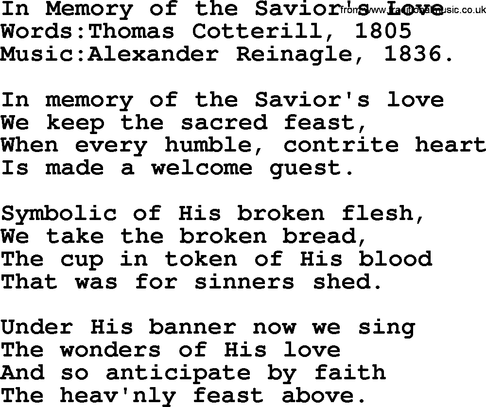 Christian hymns and song lyrics for Communion(The Eucharist): In Memory Of The Savior's Love, lyrics with PDF
