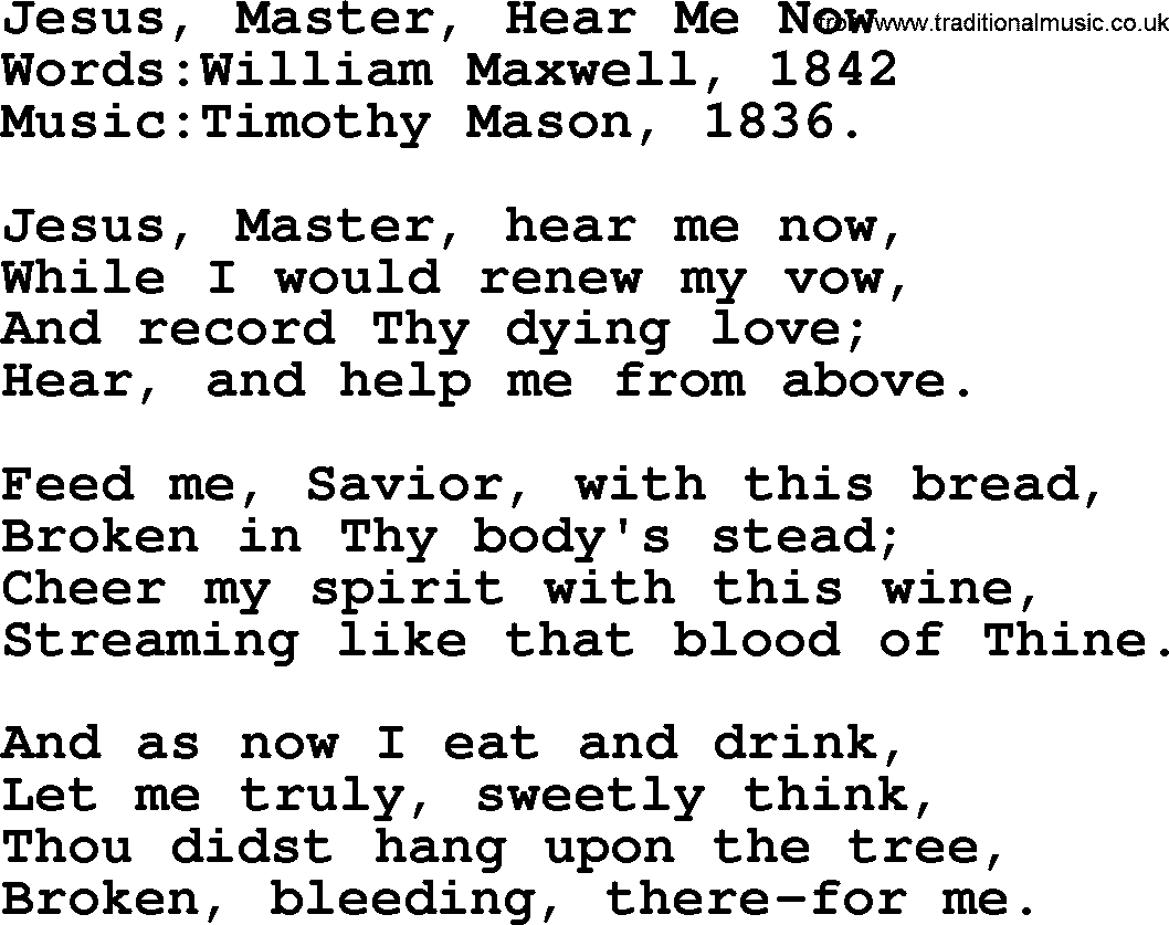 Christian hymns and song lyrics for Communion(The Eucharist): Jesus, Master, Hear Me Now, lyrics with PDF