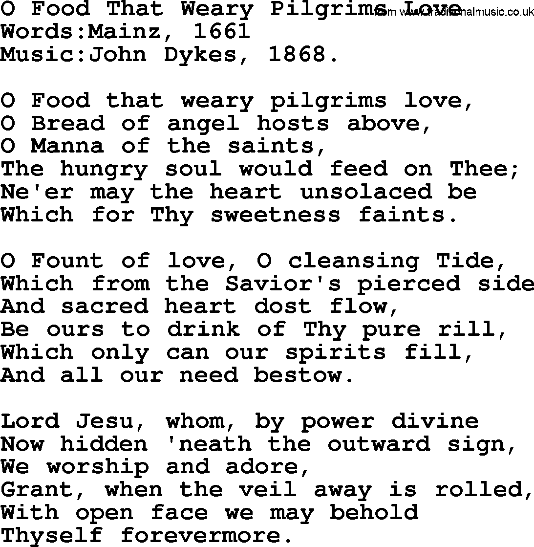 Christian hymns and song lyrics for Communion(The Eucharist): O Food That Weary Pilgrims Love, lyrics with PDF