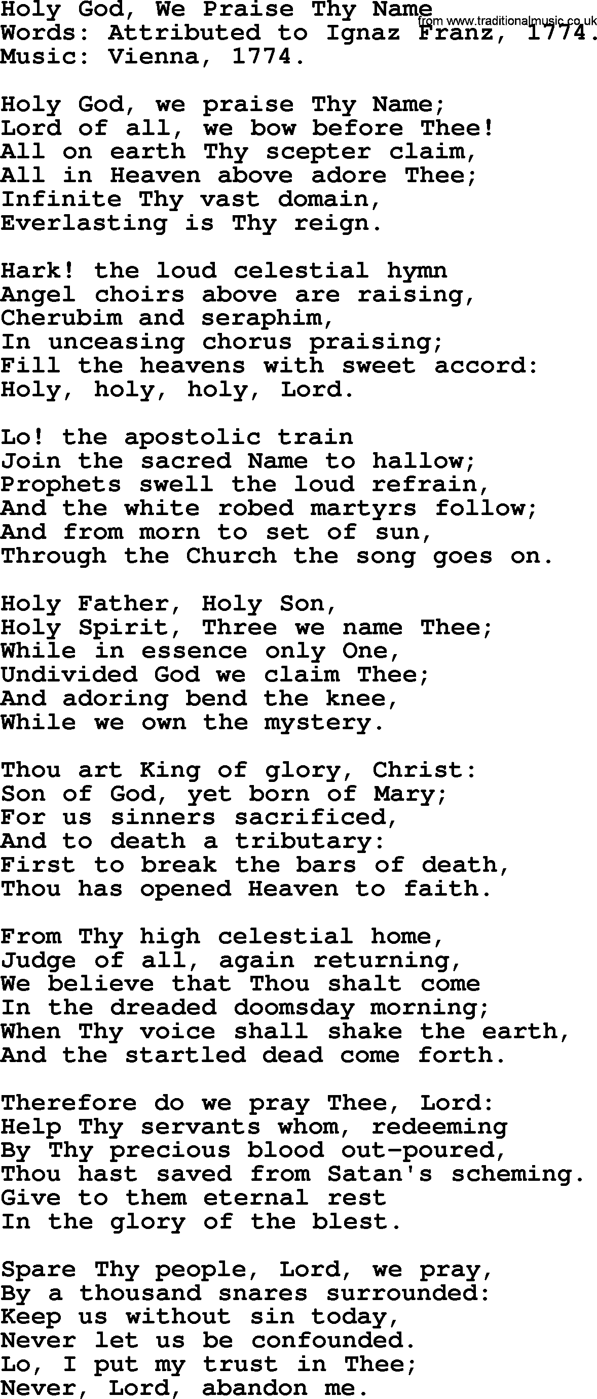 A collection of 500+ most sung Christian church hymns and songs, title: Holy God, We Praise Thy Name, lyrics, PPTX and PDF