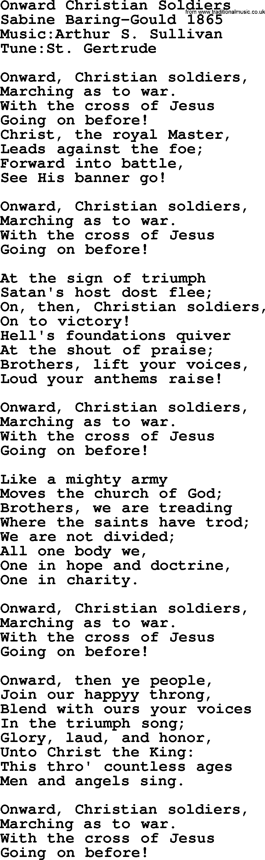 A collection of 500+ most sung Christian church hymns and songs, title: Onward Christian Soldiers, lyrics, PPTX and PDF
