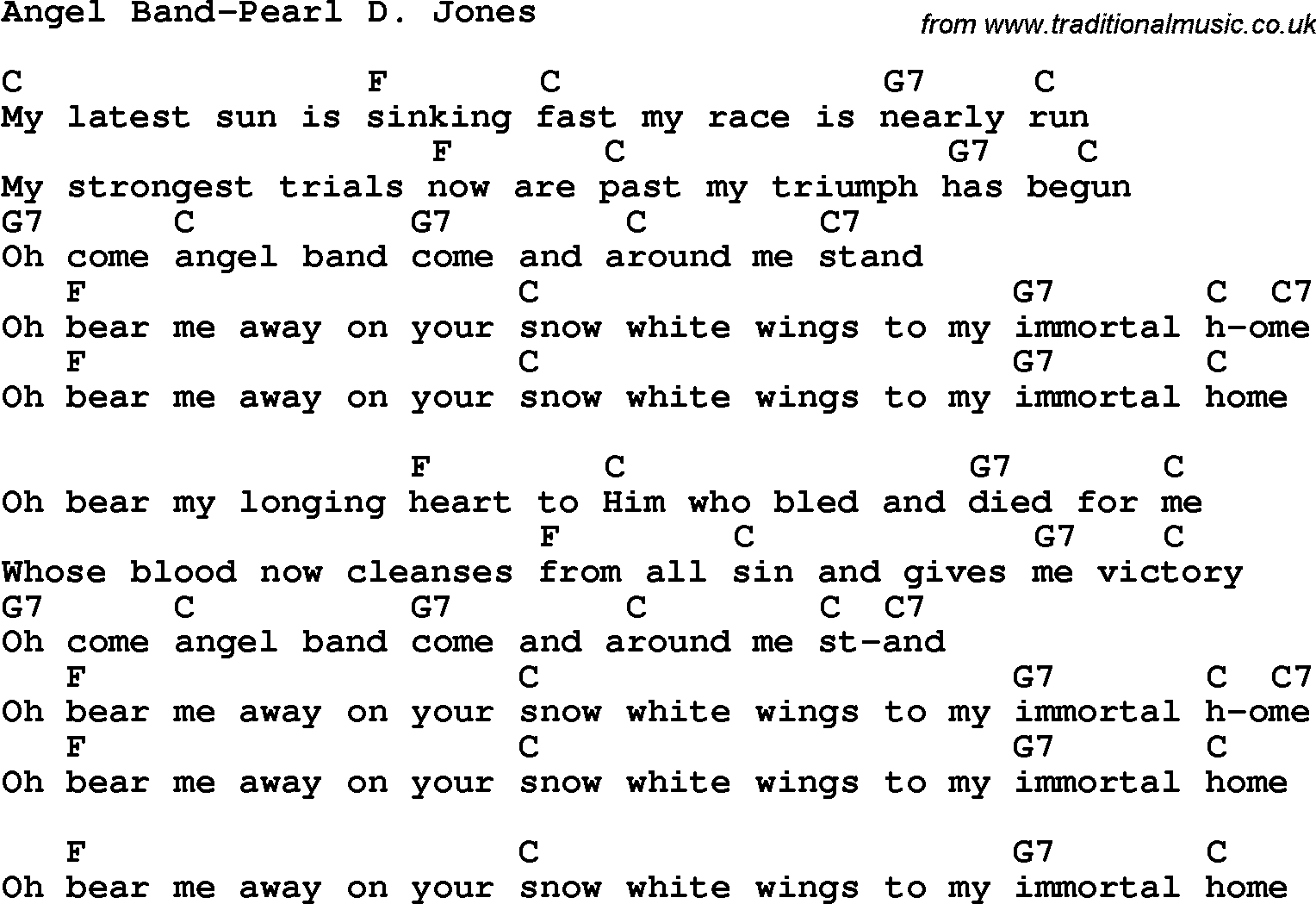 Country, Southern and Bluegrass Gospel Song Angel Band-Pearl D Jones lyrics and chords