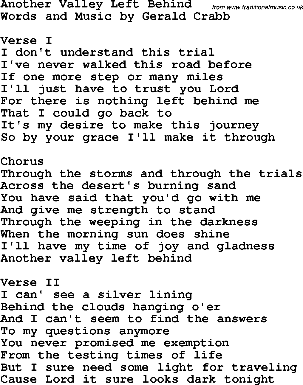 Country, Southern and Bluegrass Gospel Song Another Valley Left Behind lyrics 