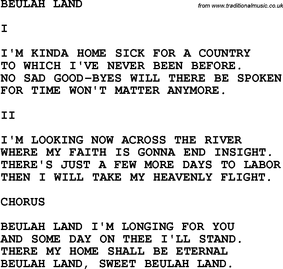 Country, Southern and Bluegrass Gospel Song Beulah Land lyrics 