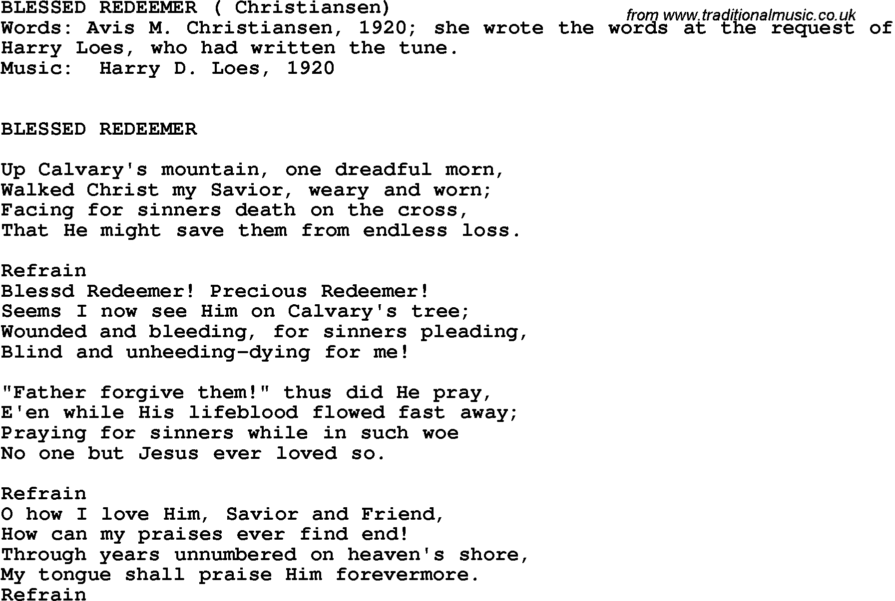 Country, Southern and Bluegrass Gospel Song Blessed Redeemer ( Christiansen) lyrics 