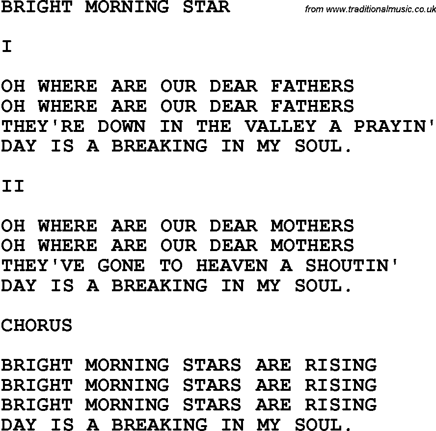 Country, Southern and Bluegrass Gospel Song Bright Morning Star lyrics 