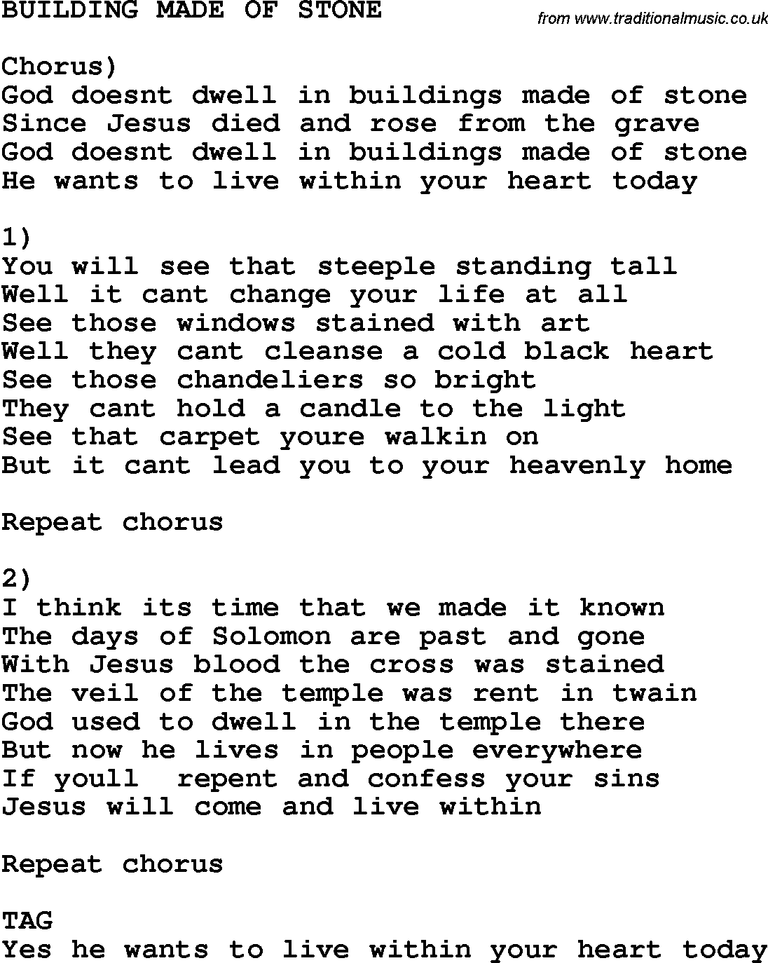 Country, Southern and Bluegrass Gospel Song Building Made Of Stone lyrics 