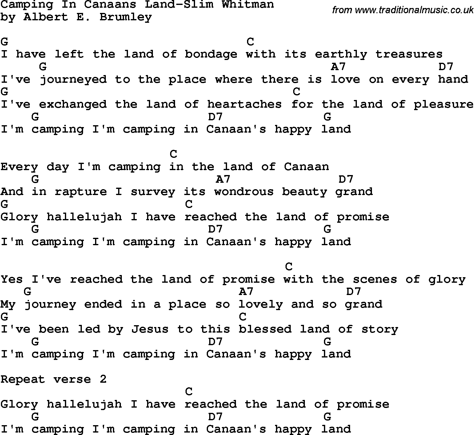 Country, Southern and Bluegrass Gospel Song Camping In Canaan’s Land-Slim Whitman lyrics and chords