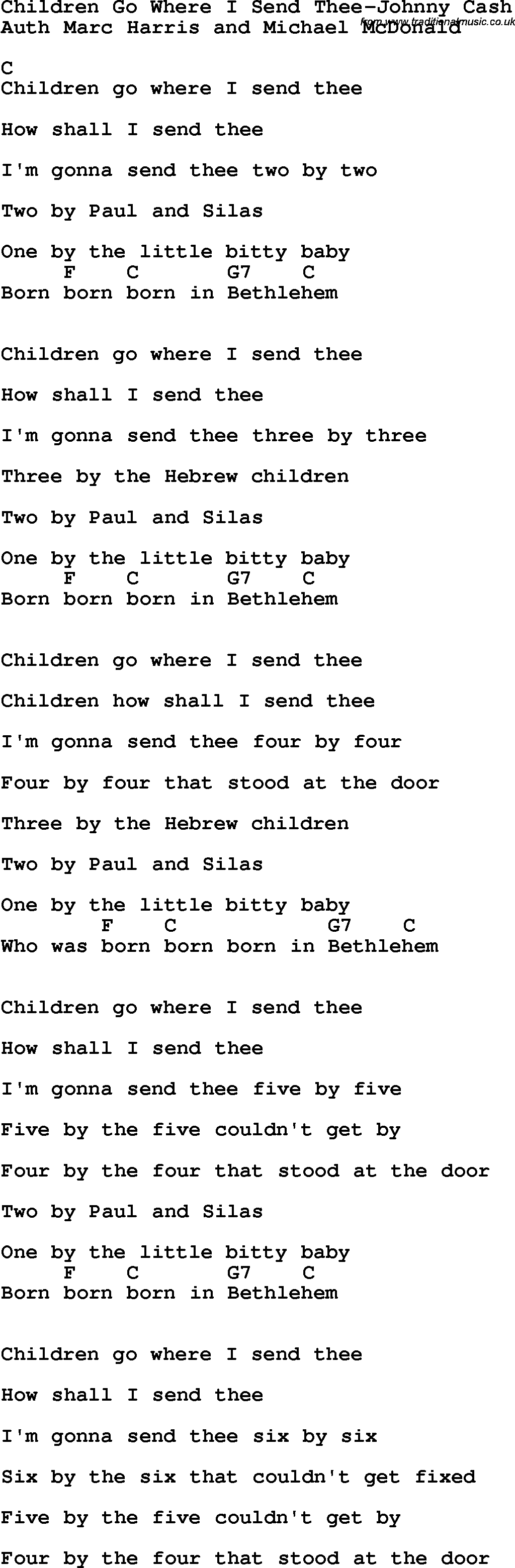 Country, Southern and Bluegrass Gospel Song Children Go Where I Send Thee-Johnny Cash lyrics and chords