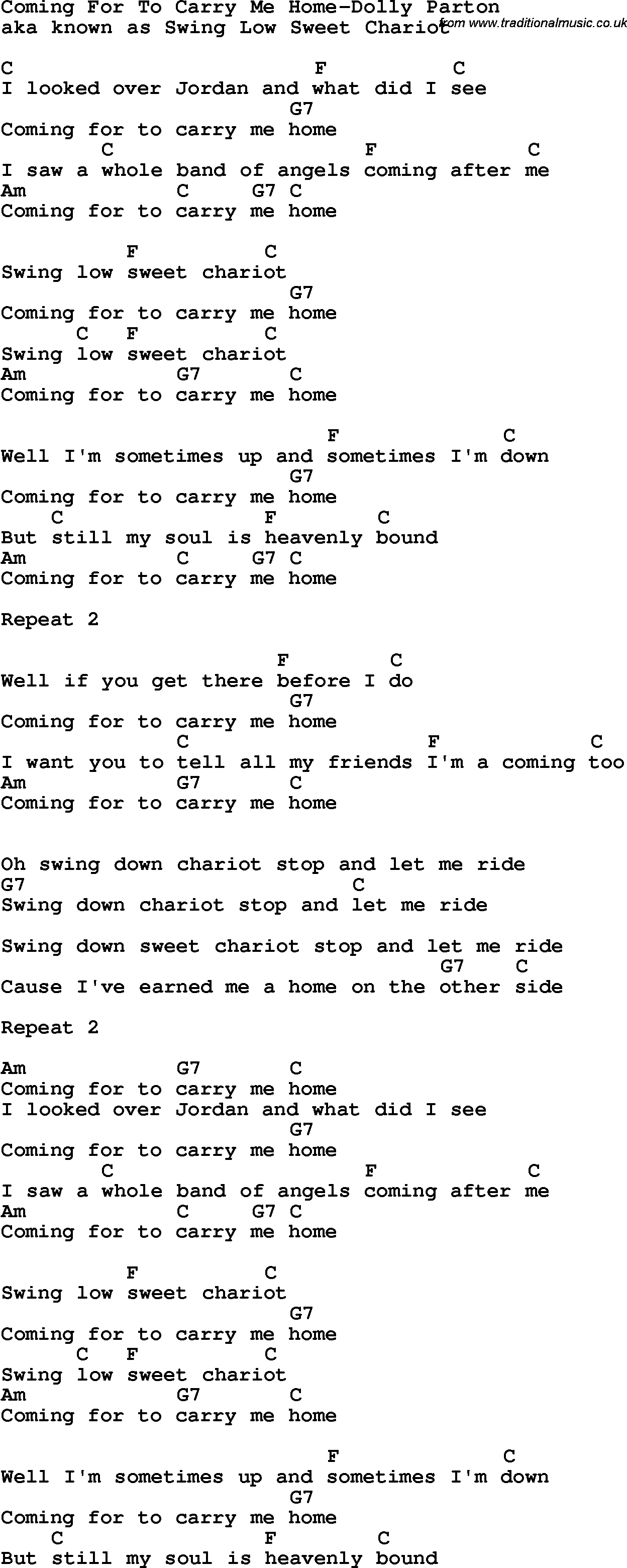 Country, Southern and Bluegrass Gospel Song Coming For To Carry Me Home-Dolly Parton lyrics and chords