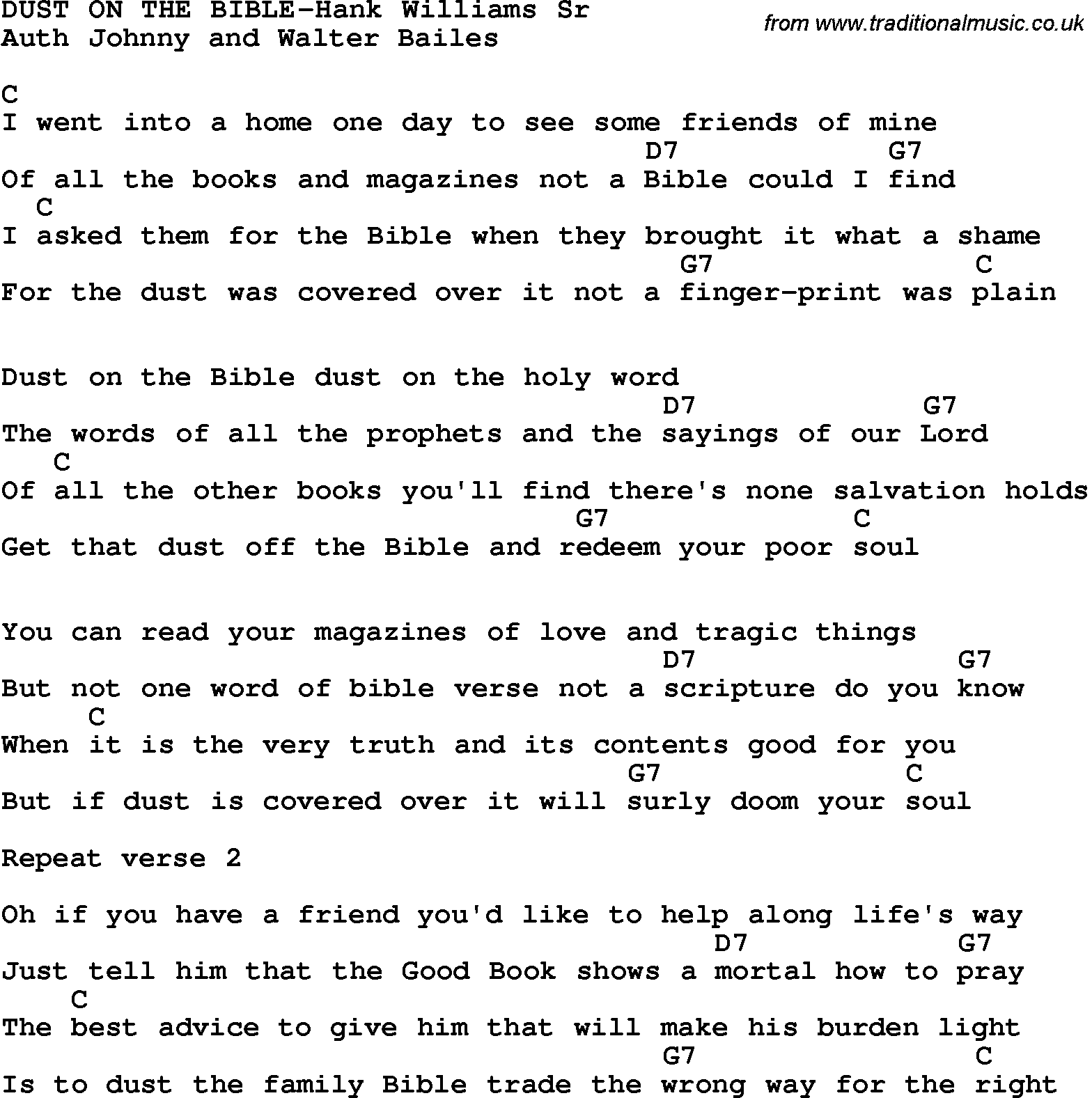 Country, Southern and Bluegrass Gospel Song DUST ON THE BIBLE-Hank Williams Sr lyrics and chords