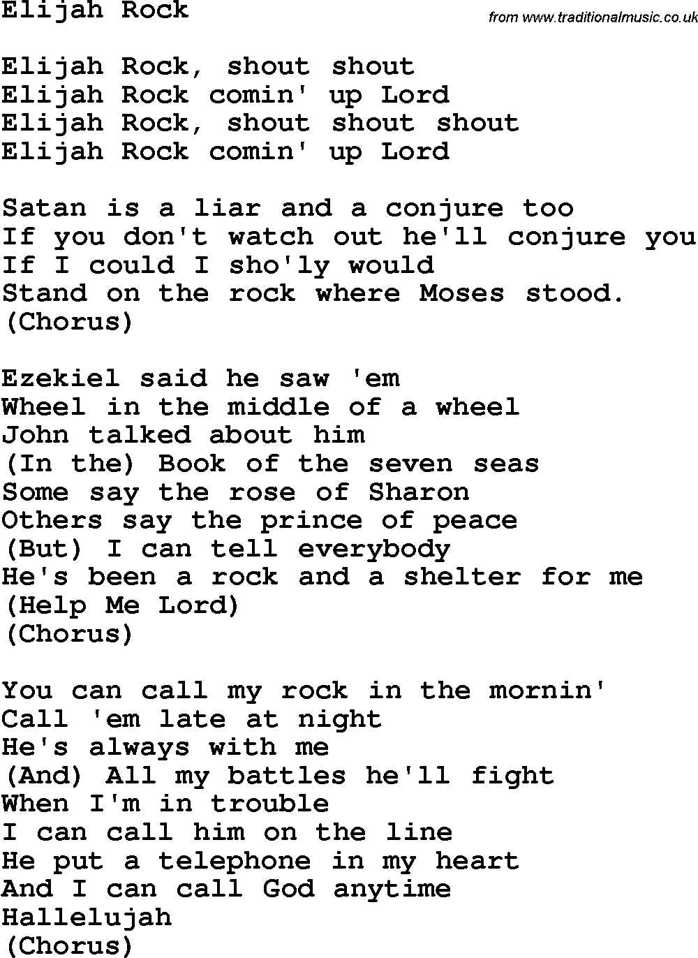 Country, Southern and Bluegrass Gospel Song Elijah Rock lyrics 