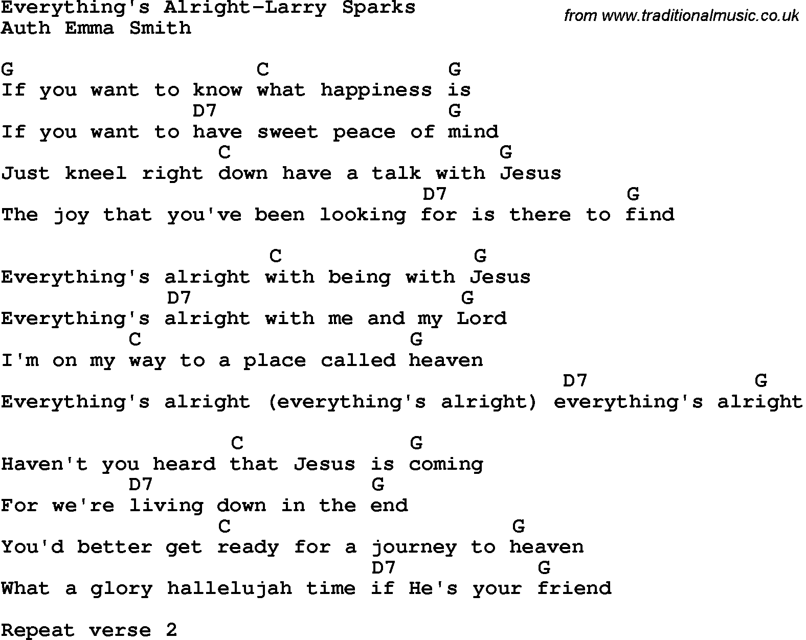Country, Southern and Bluegrass Gospel Song Everything's Alright-Larry Sparks lyrics and chords