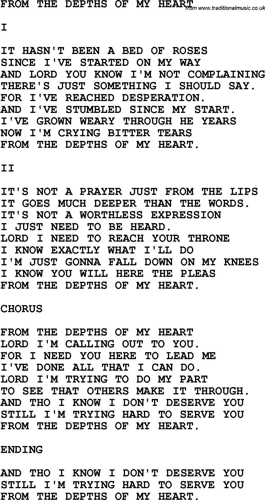 Country, Southern and Bluegrass Gospel Song From The Depths Of My Heart lyrics 