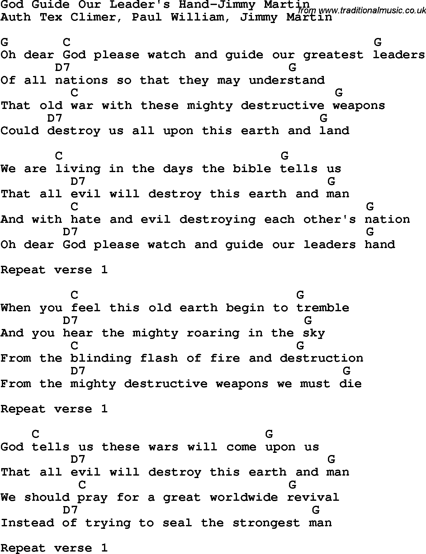 Country, Southern and Bluegrass Gospel Song God Guide Our Leader's Hand-Jimmy Martin lyrics and chords