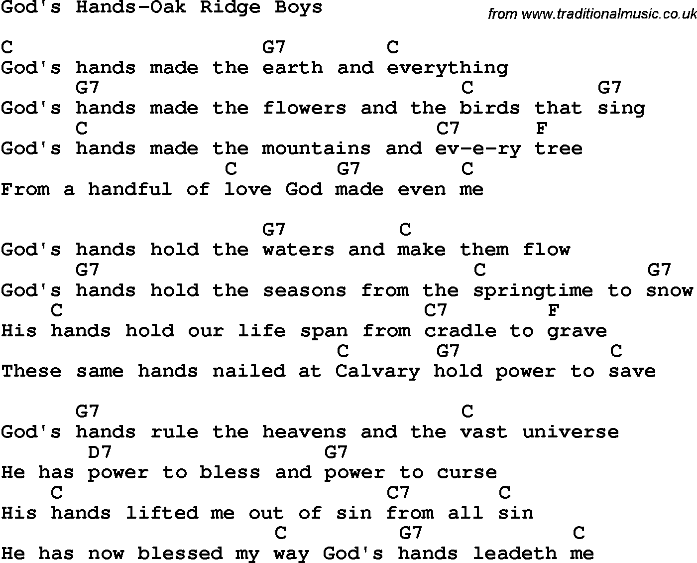 Country, Southern and Bluegrass Gospel Song God's Hands-Oak Ridge Boys lyrics and chords