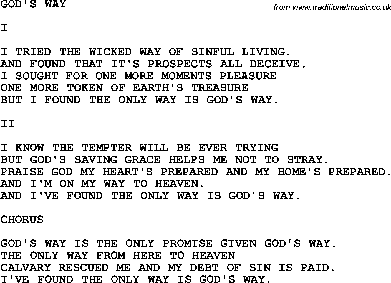 Country, Southern and Bluegrass Gospel Song God's Way lyrics 