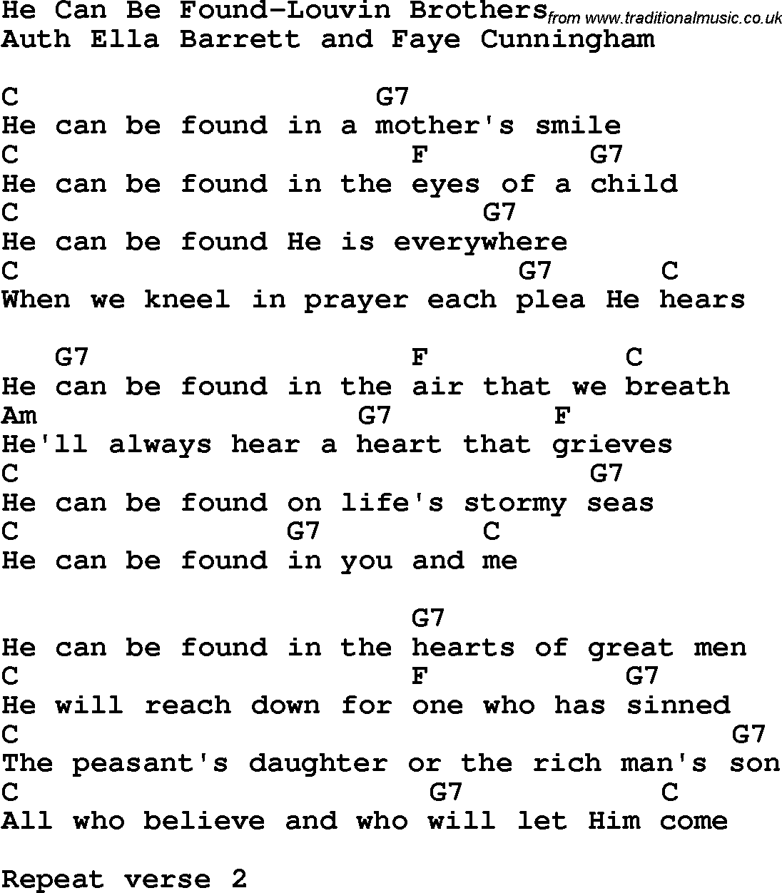 Country, Southern and Bluegrass Gospel Song He Can Be Found-Louvin Brothers lyrics and chords