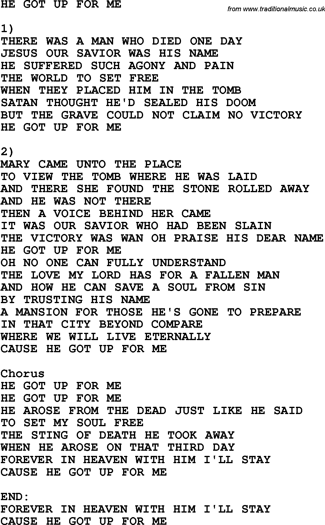Country, Southern and Bluegrass Gospel Song He Got Up For Me lyrics 