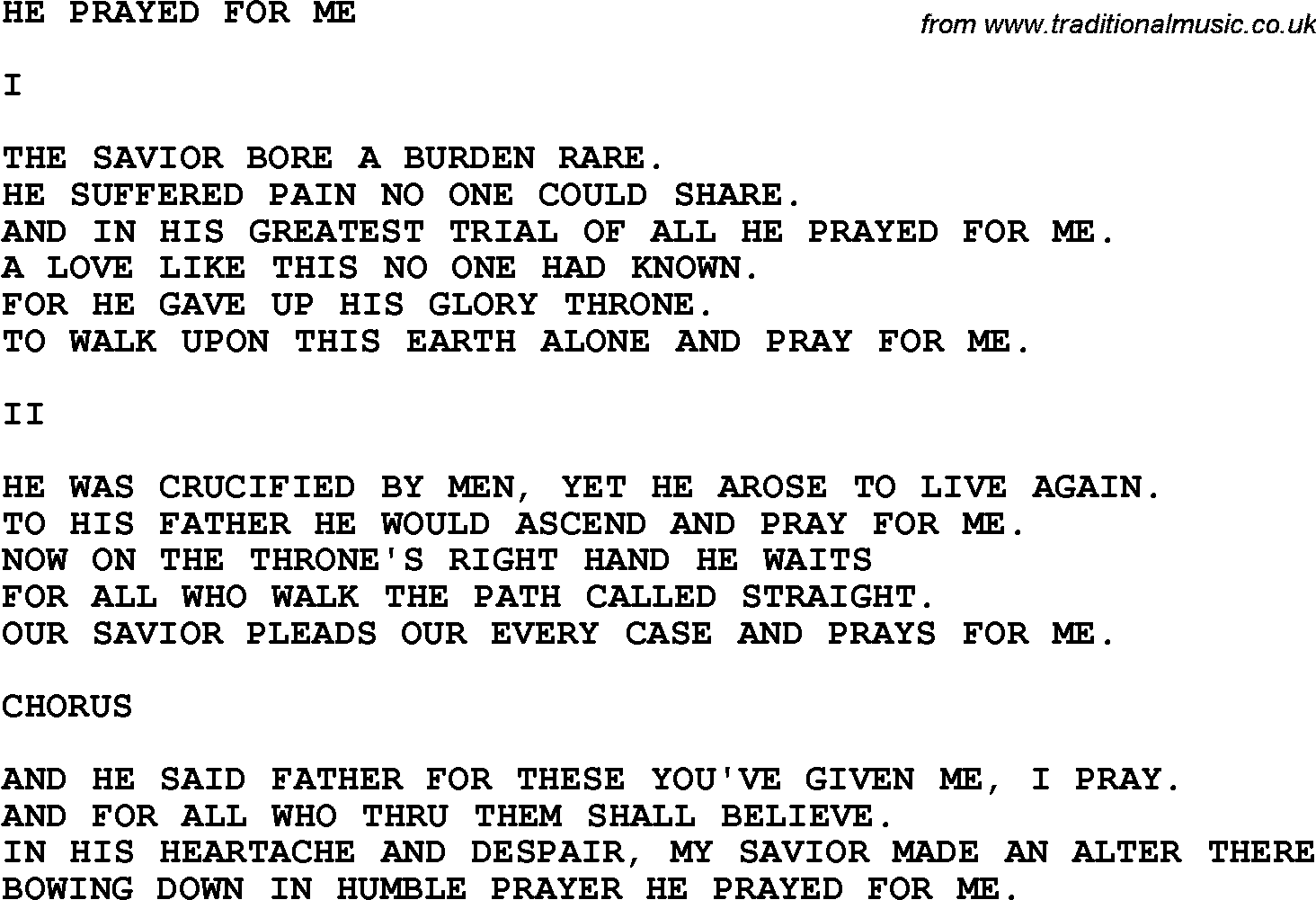 Country, Southern and Bluegrass Gospel Song He Prayed For Me lyrics 