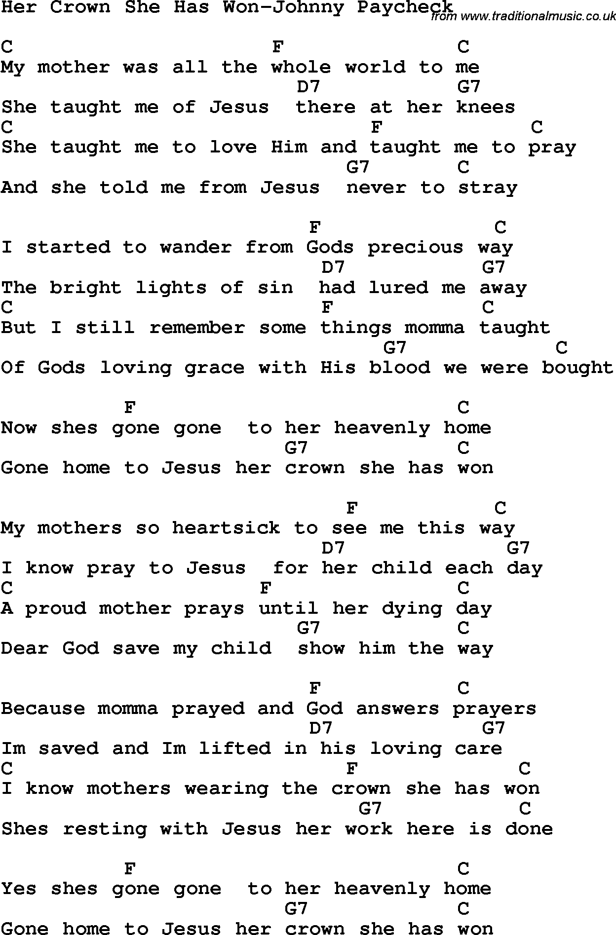 Country, Southern and Bluegrass Gospel Song Her Crown She Has Won-Johnny Paycheck lyrics and chords