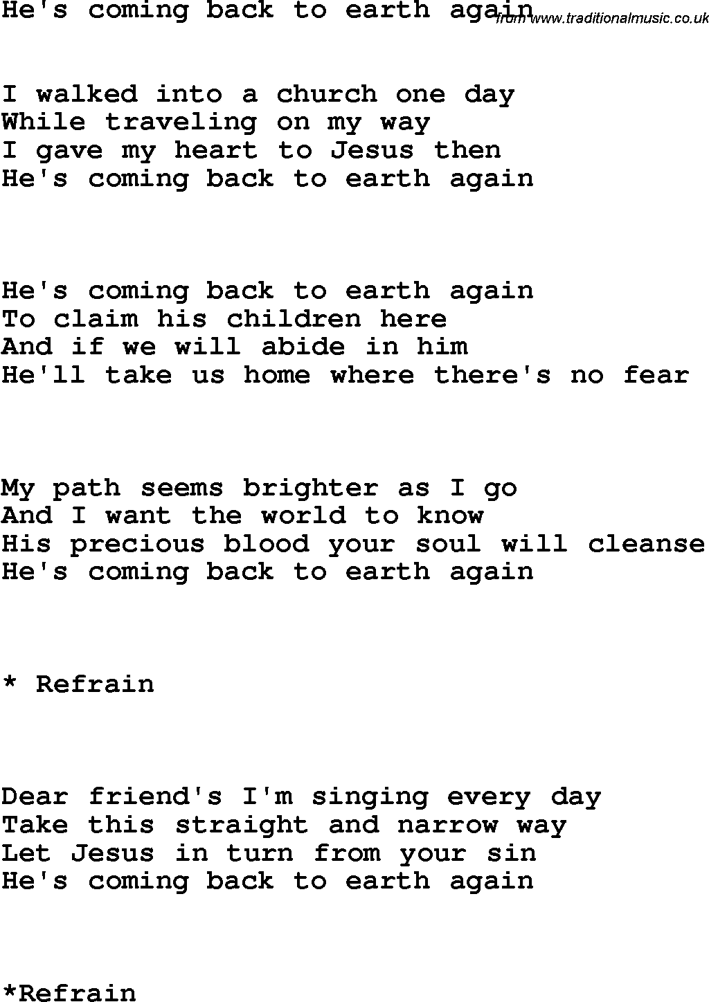 Country, Southern and Bluegrass Gospel Song He's Coming Back To Earth Again lyrics 