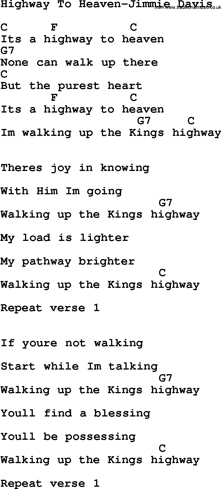Country, Southern and Bluegrass Gospel Song Highway To Heaven-Jimmie Davis lyrics and chords