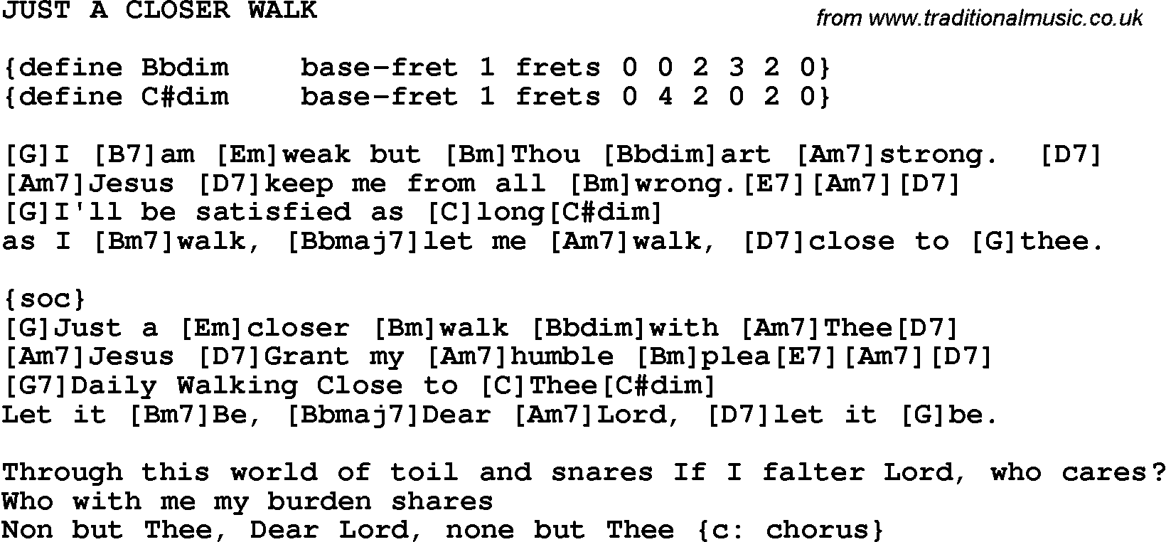 Country, Southern and Bluegrass Gospel Song JUST A CLOSER WALK lyrics and chords
