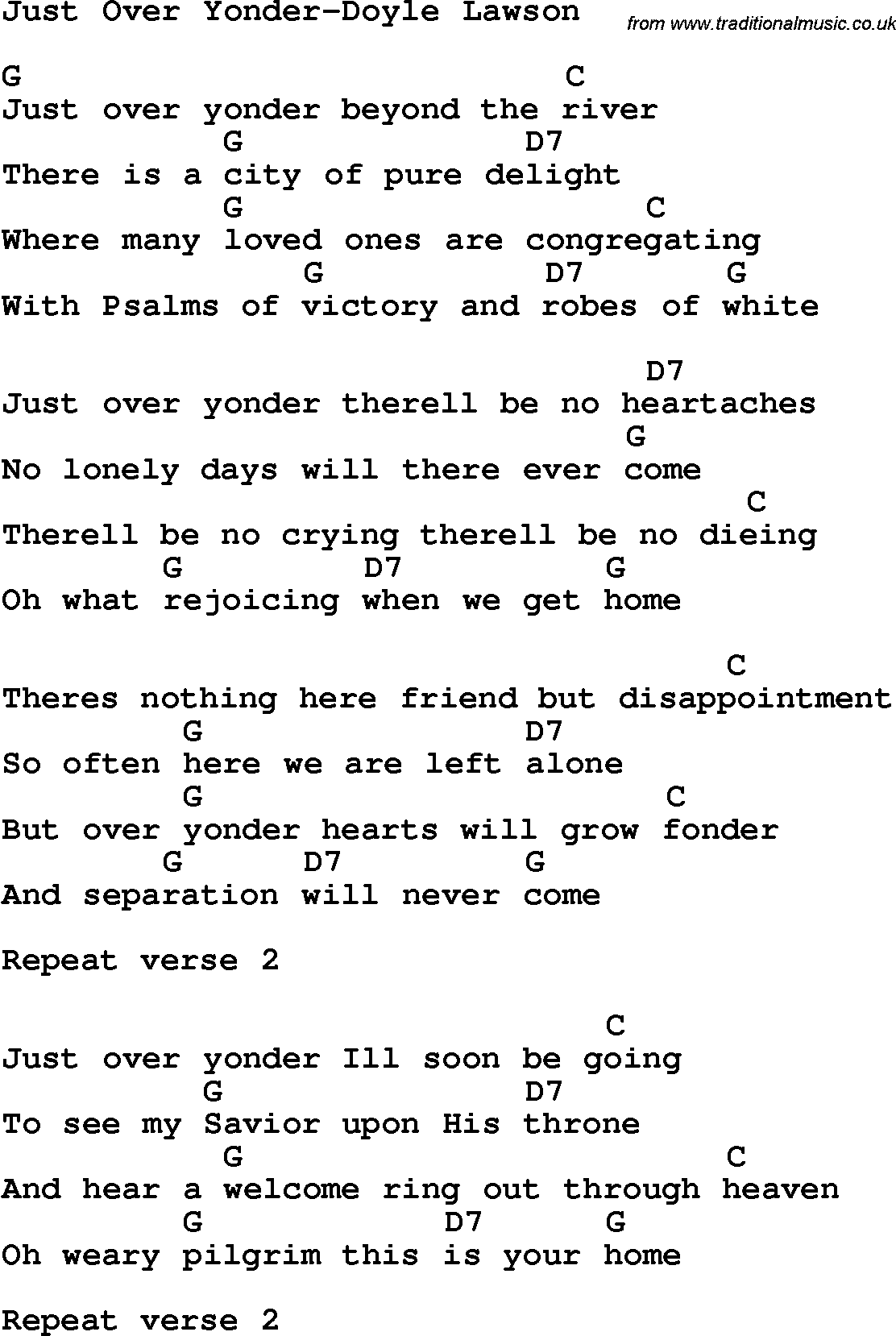 Country, Southern and Bluegrass Gospel Song Just Over Yonder-Doyle Lawson lyrics and chords