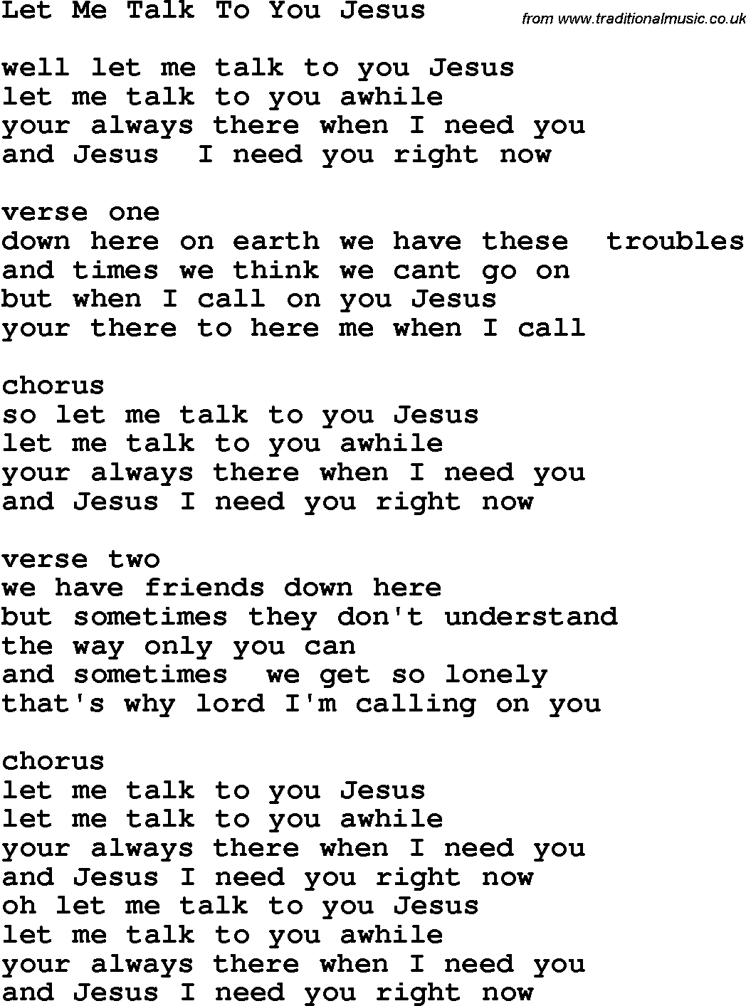Country, Southern and Bluegrass Gospel Song Let Me Talk To You Jesus lyrics 