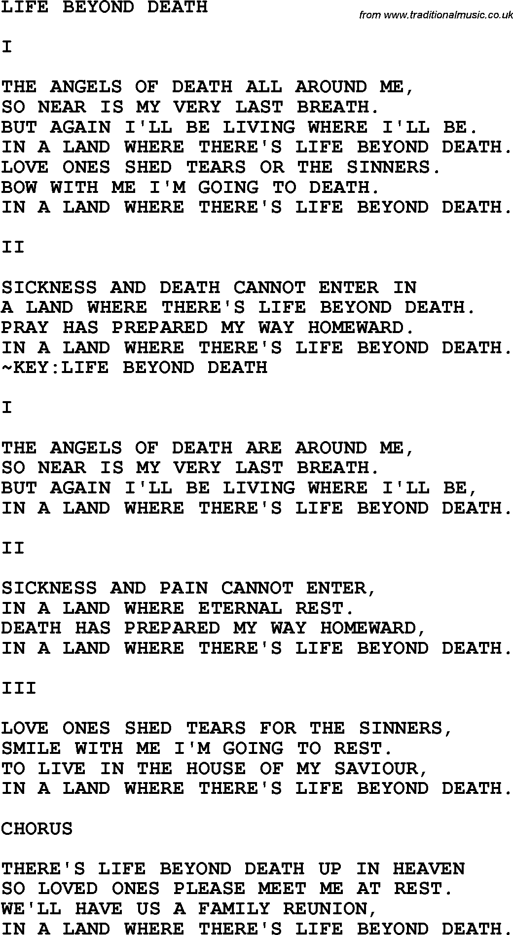 Country, Southern and Bluegrass Gospel Song Life Beyond Death lyrics 