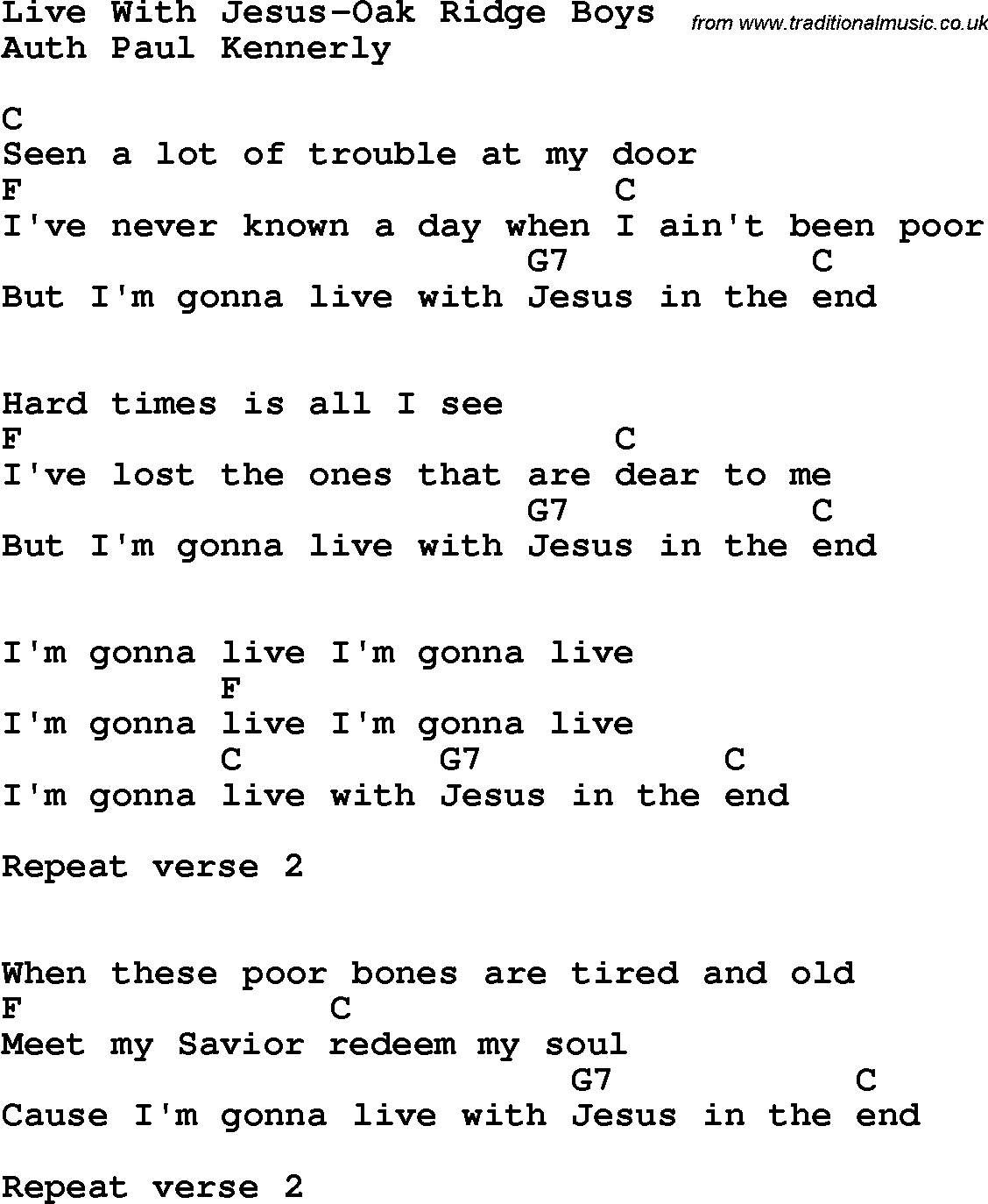 Country, Southern and Bluegrass Gospel Song Live With Jesus-Oak Ridge Boys lyrics and chords