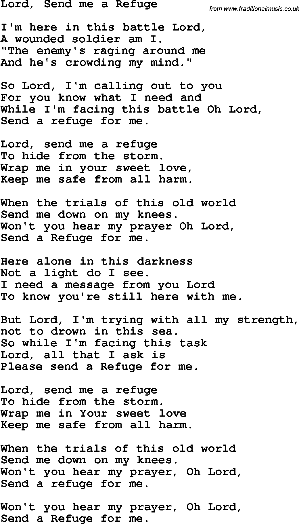 Country, Southern and Bluegrass Gospel Song Lord, Send Me A Refuge lyrics 
