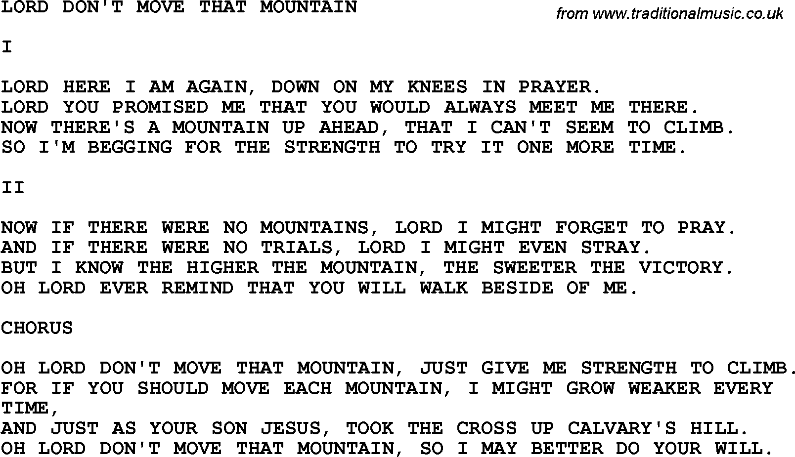 Country, Southern and Bluegrass Gospel Song Lord Don't Move That Mountain lyrics 