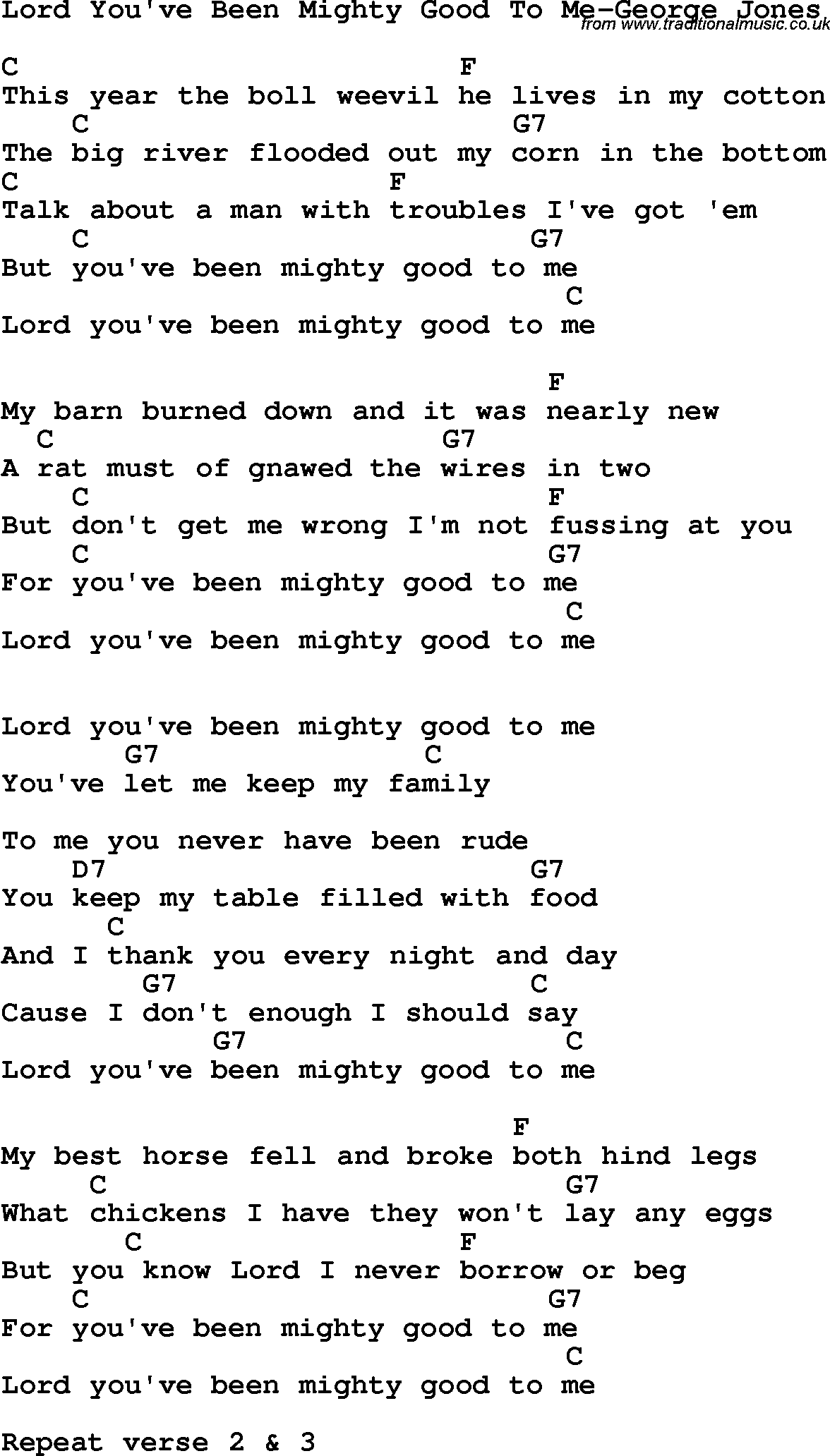 Country, Southern and Bluegrass Gospel Song Lord You've Been Mighty Good To Me-George Jones lyrics and chords