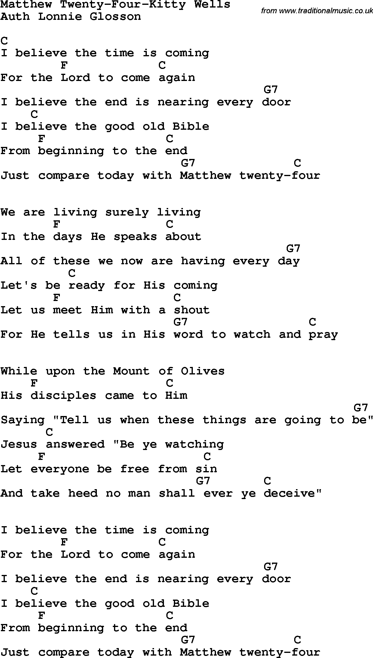 Country, Southern and Bluegrass Gospel Song Matthew Twenty-Four-Kitty Wells lyrics and chords