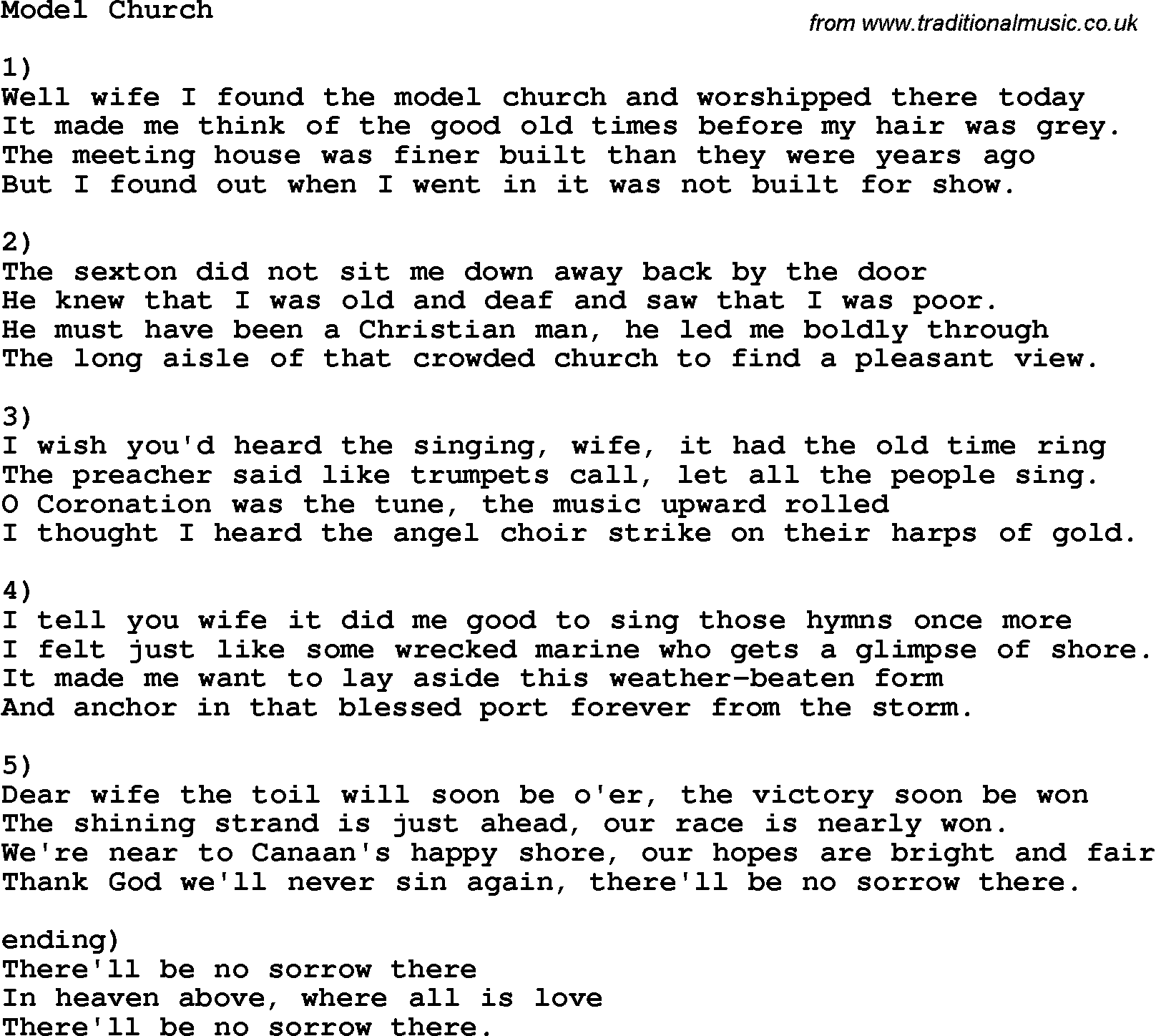 Country, Southern and Bluegrass Gospel Song Model Church lyrics 