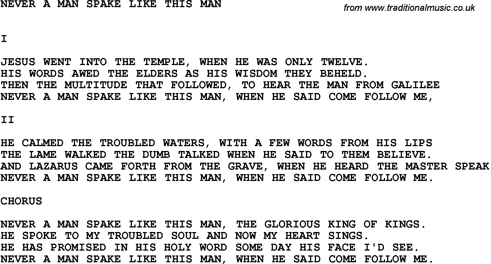 Country, Southern and Bluegrass Gospel Song Never A Man Spake Like This Man lyrics 