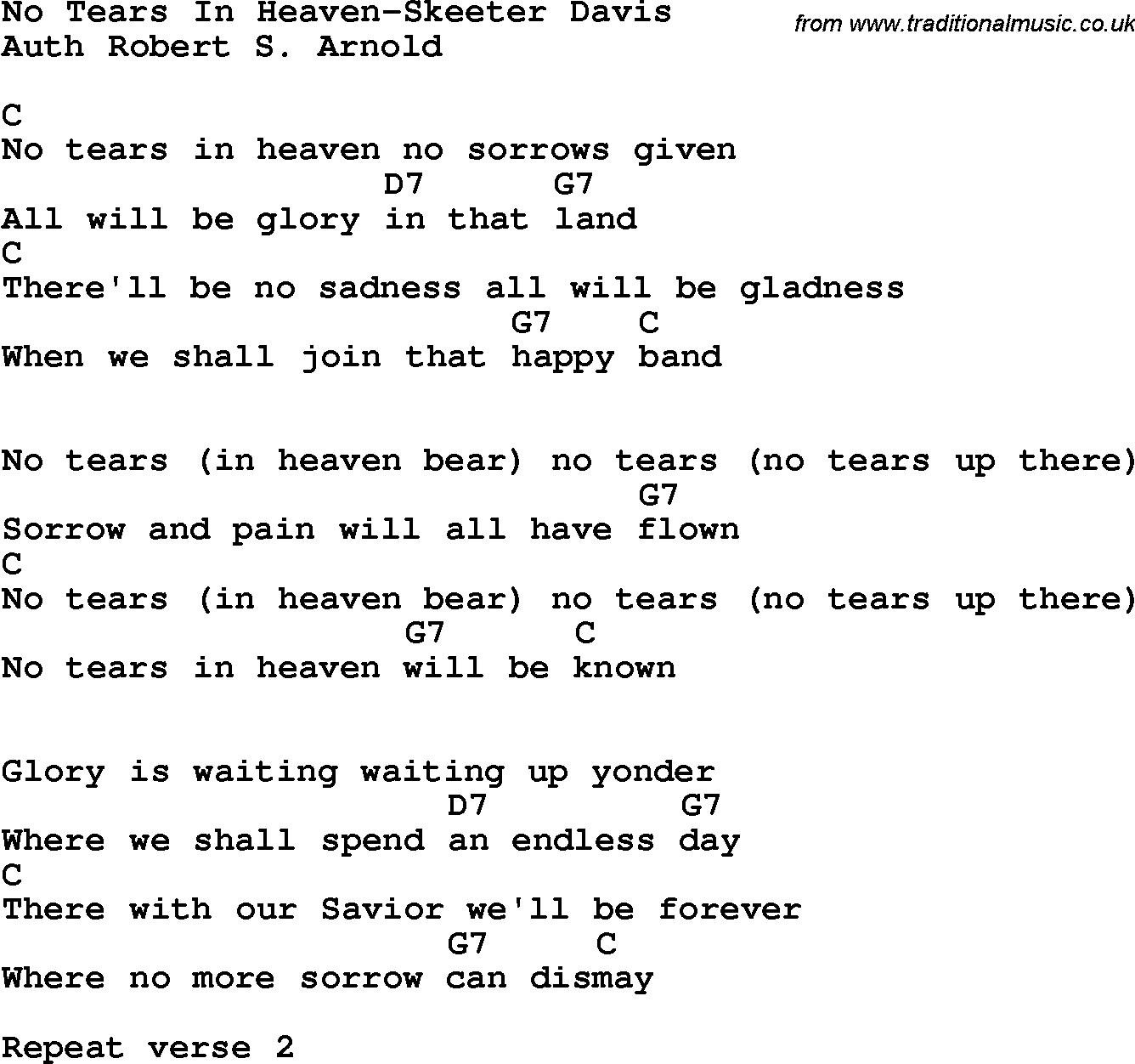 Country, Southern and Bluegrass Gospel Song No Tears In Heaven-Skeeter Davis lyrics and chords
