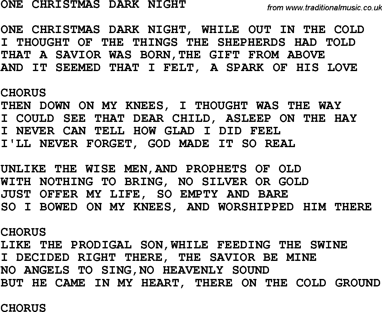 Country, Southern and Bluegrass Gospel Song One Christmas Dark Night lyrics 